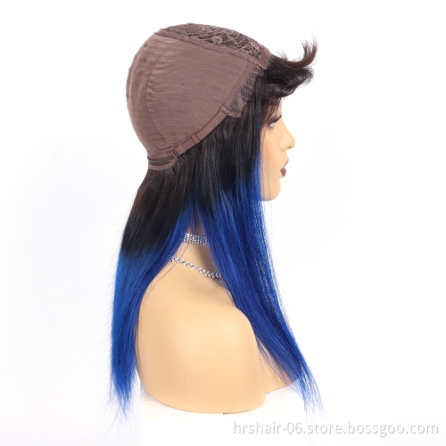 100% human hair T1B/Blue Color Brazilian Remy hair wigs with Bangs Full Machine Made Wigs no Lace wigs For Women